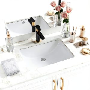 Undermount Bathroom Sink Rectangle, Hugsleek Interior Bowl Size 18 x 13 inch White Porcelain Ceramic Vessel Sink Under Counter Exterior Size 20x15in Rectangular Bath Sink Basin Lavatory Fireclay-0